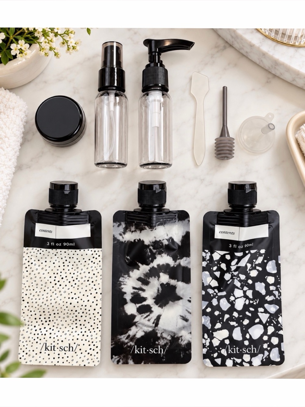 (NWOT) KITSCH • Black/Ivory 9-Piece Ultimate Travel Toiletry Container Set, OS
